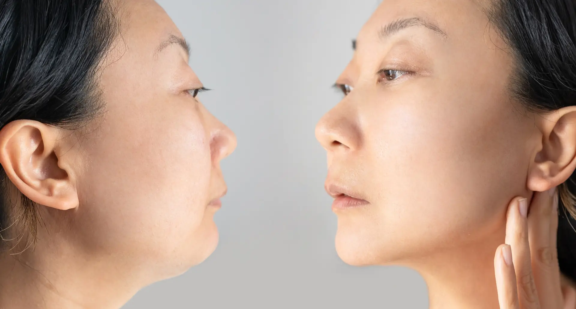 Part of face, Asian woman with double and perfect chin isolated on white background Beauty concept.